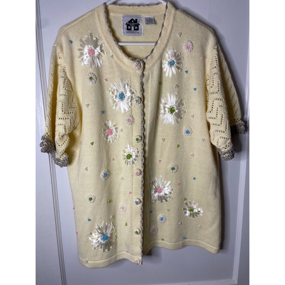 Storybook Knits Sweaters - Storybook Knits Cardigan Sweater Women's 1X Yellow Daisy Embroidered ShortSleeve